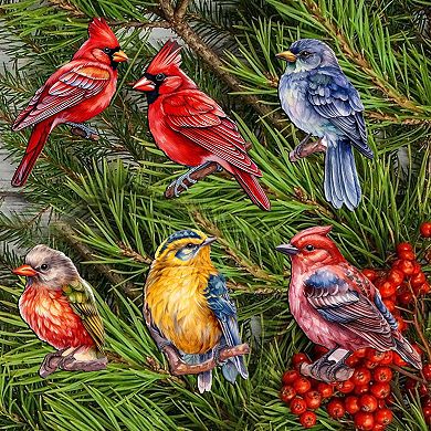 Winter Birds Decorative Wooden Clip-on Christmas Ornaments of 6 by G. Debrekht - Christmas Decor