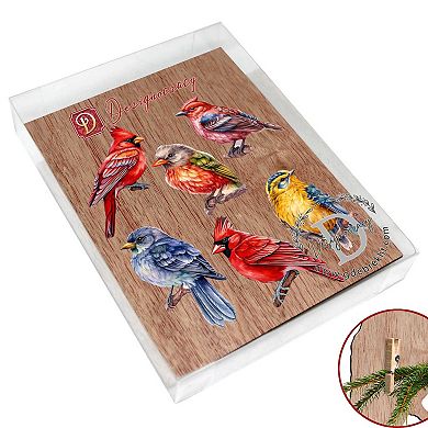 Winter Birds Wooden Clip-on Christmas Ornaments of 6 by G. Debrekht - Christmas Decor