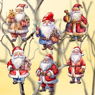 Santa Wooden Clip-on Christmas Ornaments of 6 by G. Debrekht - Christmas Decor