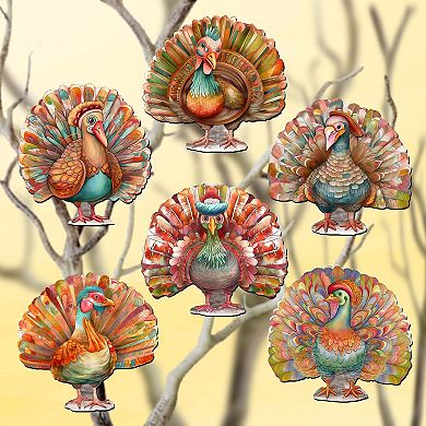 Turkey Decorative Wooden Clip-on Ornaments Set of 6 by G. Debrekht - Thanksgiving Decor