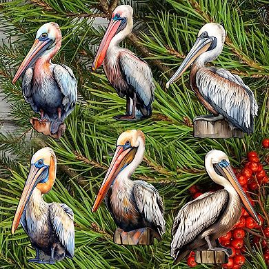 Pelicans Decorative Wooden Clip-on Christmas Ornaments of 6 by G. Debrekht - Christmas Decor