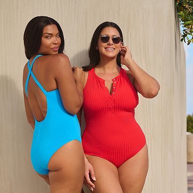 Women’s S3 Swim Smoothing Ribbed High Neck Snap Front One Piece Swimsuit