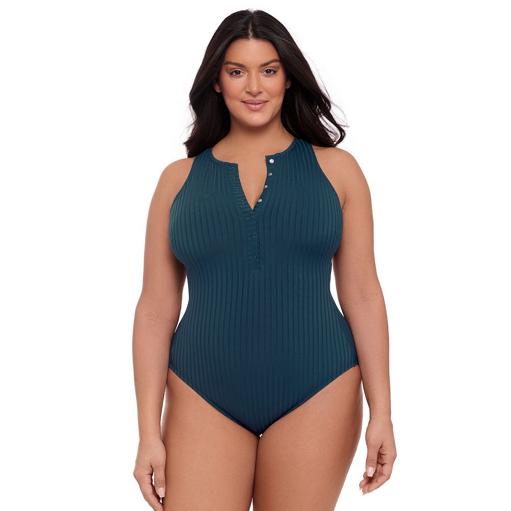 Women's S3 Swim Smoothing Ribbed High Neck Snap Front One Piece