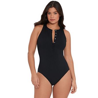 Women’s S3 Swim Smoothing Ribbed High Neck Snap Front One Piece Swimsuit
