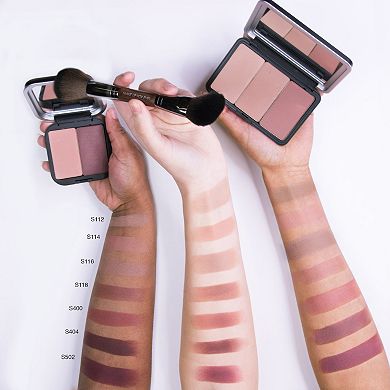 A unique pressed powder formula in a refillable palette-providing intense color payoff in highlight, sculpt, and blush shades.