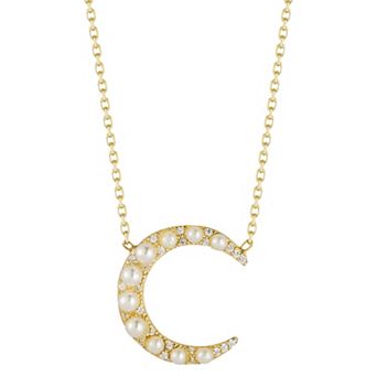 Sunkissed Sterling 14k Gold Over Silver Cubic Zirconia & Freshwater Cultured Pearl Moon Pendant Necklace