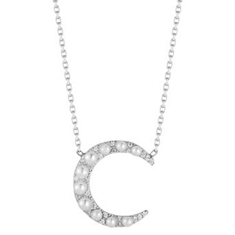 Sunkissed Sterling 14k Gold Over Silver Cubic Zirconia & Freshwater Cultured Pearl Moon Pendant Necklace