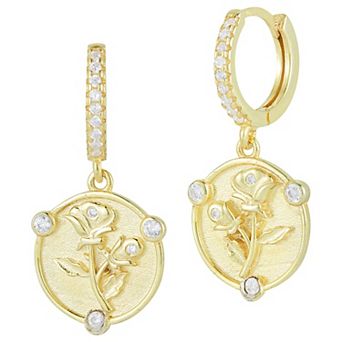 Sunkissed Sterling 14k Gold Over Silver Cubic Zirconia Flower Charm Huggie Hoop Earrings