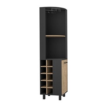 DEPOT E-SHOP Morocco Corner Bar Single Door Cabinet Two Shelves, Ten Built-in Wine Rack,Black / Pine
