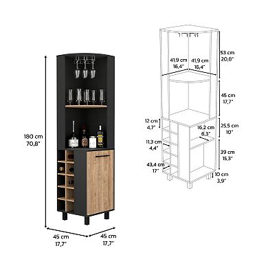DEPOT E-SHOP Morocco Corner Bar Single Door Cabinet Two Shelves, Ten Built-in Wine Rack,Black / Pine