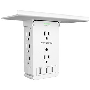 Overtime Outlet Shelf Wall Mount Charging Station Surge Protector, 8 Outlet Extender, 3 USB Port, 1200J Surge Protection