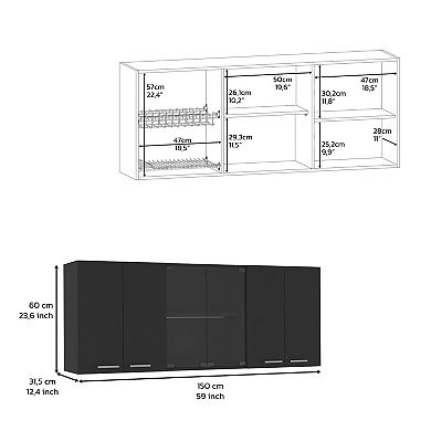 DEPOT E-SHOP Oceana 150 Wall Double Door Cabinet With Glass, Interior Shelves,Glass Cabinet,Black