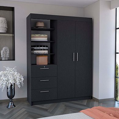 DEPOT E-SHOP Laurel 3-Tier Shelf and Drawers Armoire with Metal Handles, Black