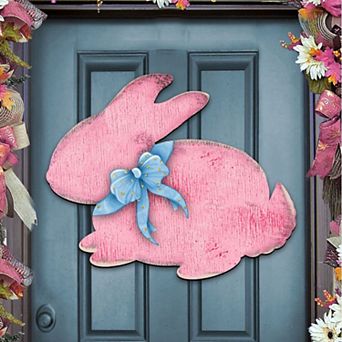 Pink Bunny Rabbit Easter 24-Inch Handcrafted Wooden Door Decor by G. DeBrekht - Spring Decor