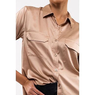 August Sky Women's Satin Roll Up Tab Sleeve Woven Top