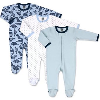 The Peanutshell Baby Sleep N Play Footed Pajamas for Boys or Girls, Dinosaur, Blue, 3 Pack