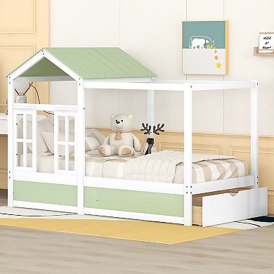 Merax House Bed with Roof, Window and Drawer