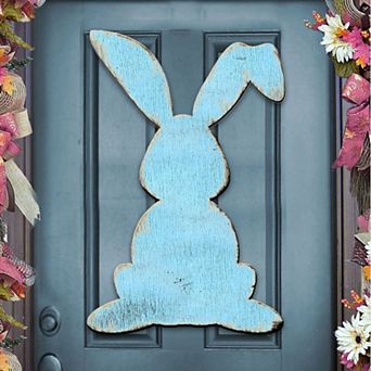 Blue Bunny Rabbit Easter 24-Inch Handcrafted Wooden Door Decor by G. DeBrekht - Spring Decor