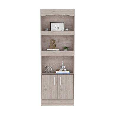 DEPOT E-SHOP Dozza Bookcase, Three Shelves, Double Door Cabinet, Metal Hardware, Light Gray