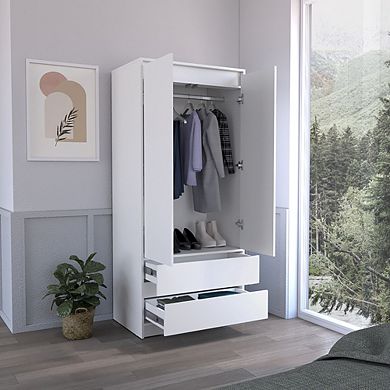DEPOT E-SHOP Palmer 2 Drawers Armoire, Wardrobe Closet with Hanging Rod, White