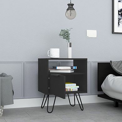 DEPOT E-SHOP Begonia Nightstand, Shelf, Single Door Cabient, Hairpin Legs, Black