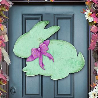 Green Bunny Rabbit 24-Inch Handcrafted Wooden Door Decor by G. DeBrekht - Easter Decor
