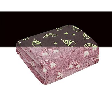 Glow In The Dark Pink Rainbows and Cupcakes Ultra Plush Fleece Accent Throw Blanket