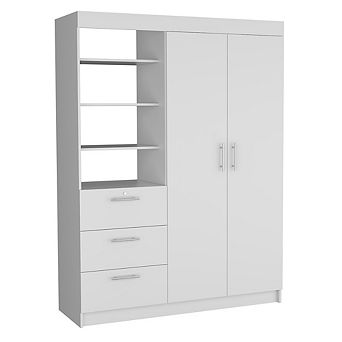 DEPOT E-SHOP Laurel 3 tier Shelf and Drawers Armoire with Metal Handles, White