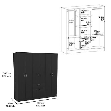 DEPOT E-SHOP Kibo 6 Doors Armoire, One Drawer, Rod, Seven Interior Shelves, Black / White