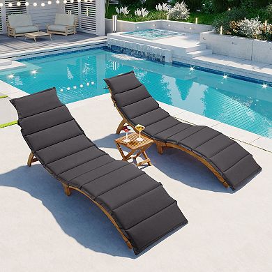 Merax Outdoor Patio Wood Portable Extended Chaise Lounge Set with Foldable Tea Table