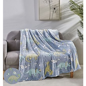 GoodGram Glow in the Dark Blue Dinosaur and Friends Ultra Plush Juvi Fleece Accent Throw Blanket