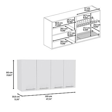 DEPOT E-SHOP Oceana 120 Wall Cabinet, Four Doors, Two Cabinets, Two Shelves, White