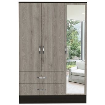 DEPOT E-SHOP Gangi 120 Mirrored Armoire, Double Door Cabinet, Two Drawers, Metal Hardware, Rods