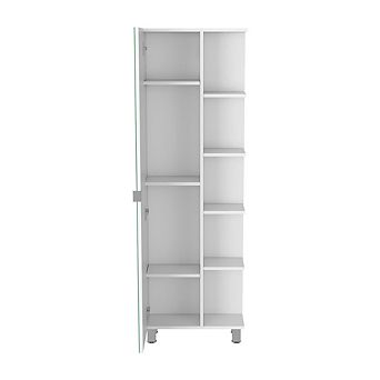 DEPOT E-SHOP Venus Mirror Linen Single Door Cabinet, Five External Shelves, Interior Shelves,White