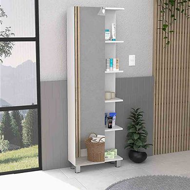 DEPOT E-SHOP Venus Mirror Linen Single Door Cabinet, Five External Shelves, Interior Shelves,White