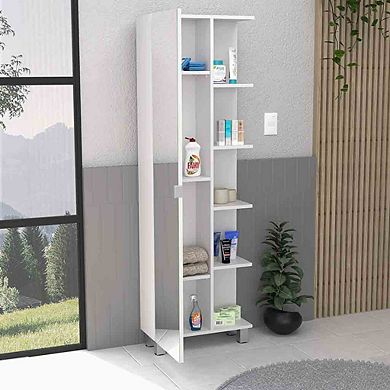 DEPOT E-SHOP Venus Mirror Linen Single Door Cabinet, Five External Shelves, Interior Shelves,White
