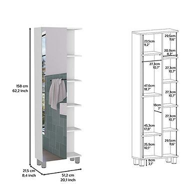 DEPOT E-SHOP Venus Mirror Linen Single Door Cabinet, Five External Shelves, Interior Shelves,White