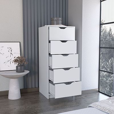 Depot E-Shop Houma 5 Drawers Narrow Dresser, Slim Storage Chest of Drawers, White
