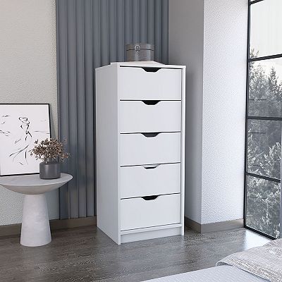 Depot E-Shop Houma 5 Drawers Narrow Dresser, Slim Storage Chest of Drawers, White