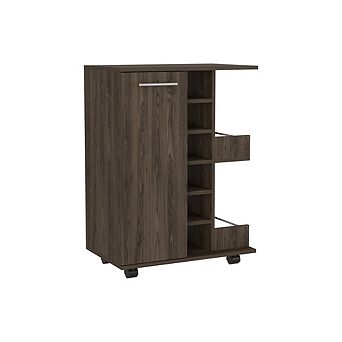 DEPOT E-SHOP Magda Bar Cart, Four Casters, Six Built-in Wine Rack, Single Door Cabinet, Dark Walnut