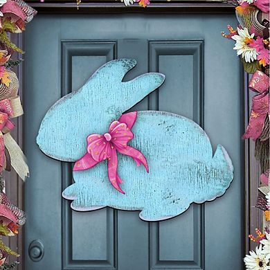 Blue Rabbit Bunny Easter 24-Inch Handcrafted Wooden Door Decor by G. DeBrekht - Spring Decor
