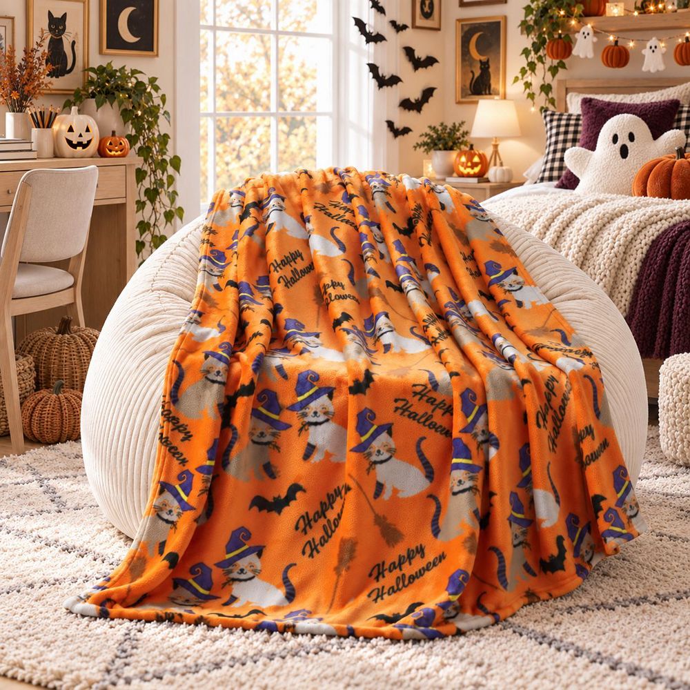Kate Aurora Oversized Halloween Orange Spooky Cats and Broomstick