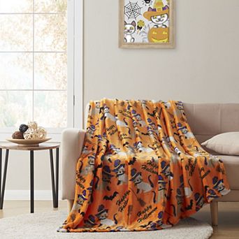 Kate Aurora Oversized Halloween Orange Spooky Cats and Broomstick Ultra Soft and Plush Throw Blanket