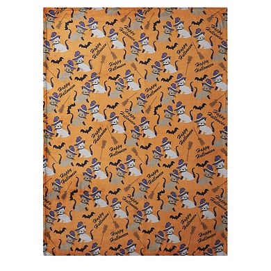 Kate Aurora Oversized Halloween Orange Spooky Cats and Broomstick Ultra Soft and Plush Throw Blanket