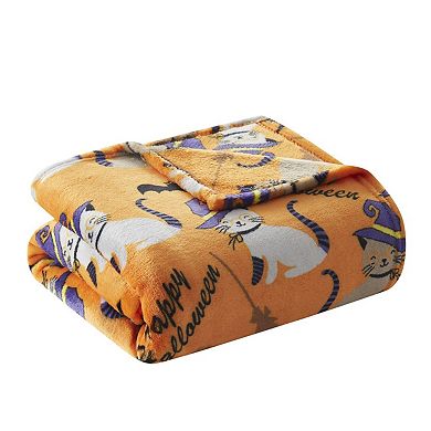 Kate Aurora Oversized Halloween Orange Spooky Cats and Broomstick Ultra Soft and Plush Throw Blanket