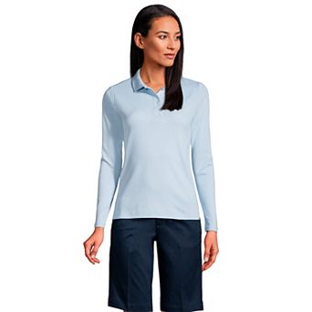 Women's Lands' End School Uniform Long Sleeve 2-Button Interlock Polo Shirt
