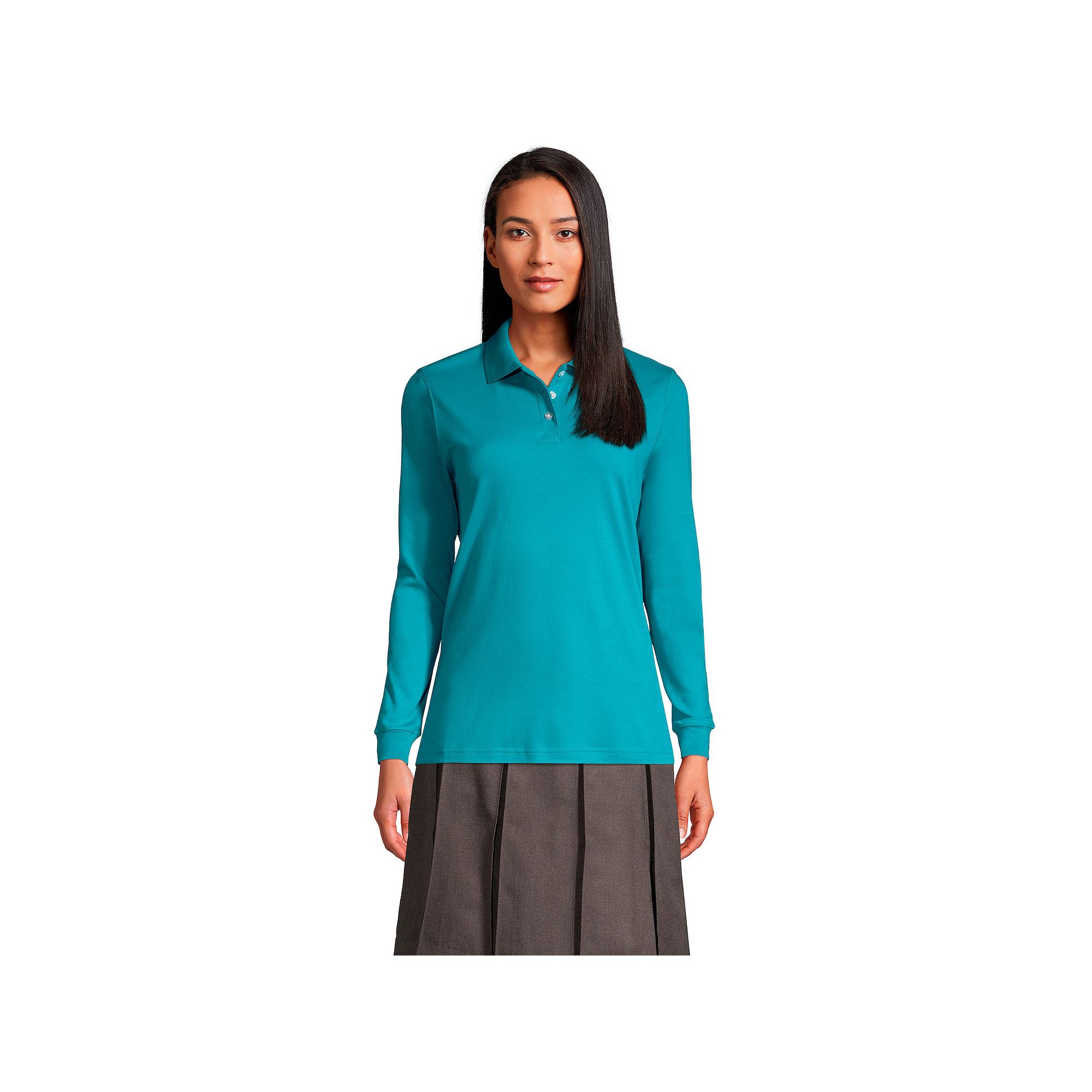 Womens Lands End School Uniform Long Sleeve 3-Button Interlock Polo Shirt