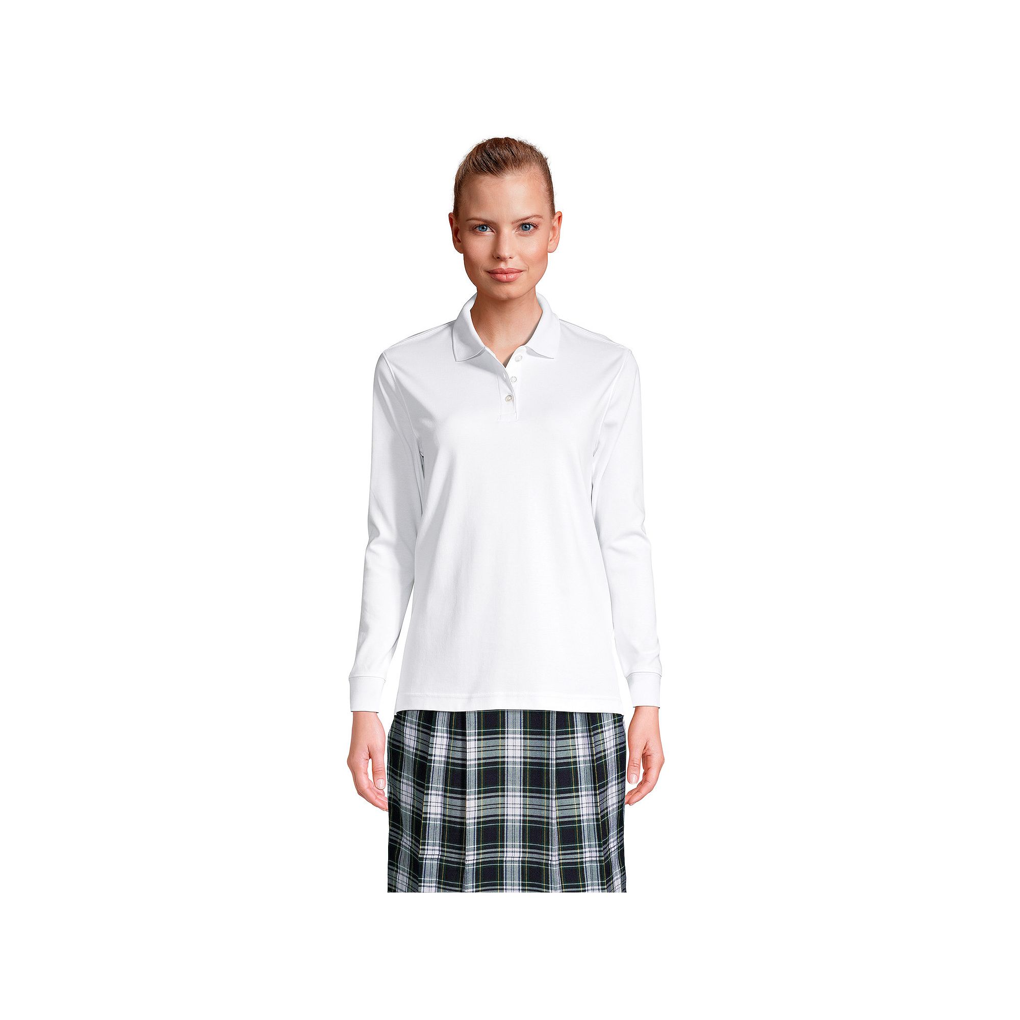 Womens Lands End School Uniform Long Sleeve 3-Button Interlock Polo Shirt