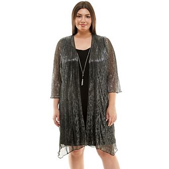 Plus Size Luxology 3 pc Jacket & Shift Dress with Necklace