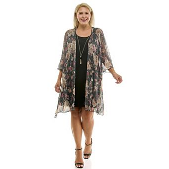 Plus Size Luxology 3 pc Jacket & Shift Dress with Necklace